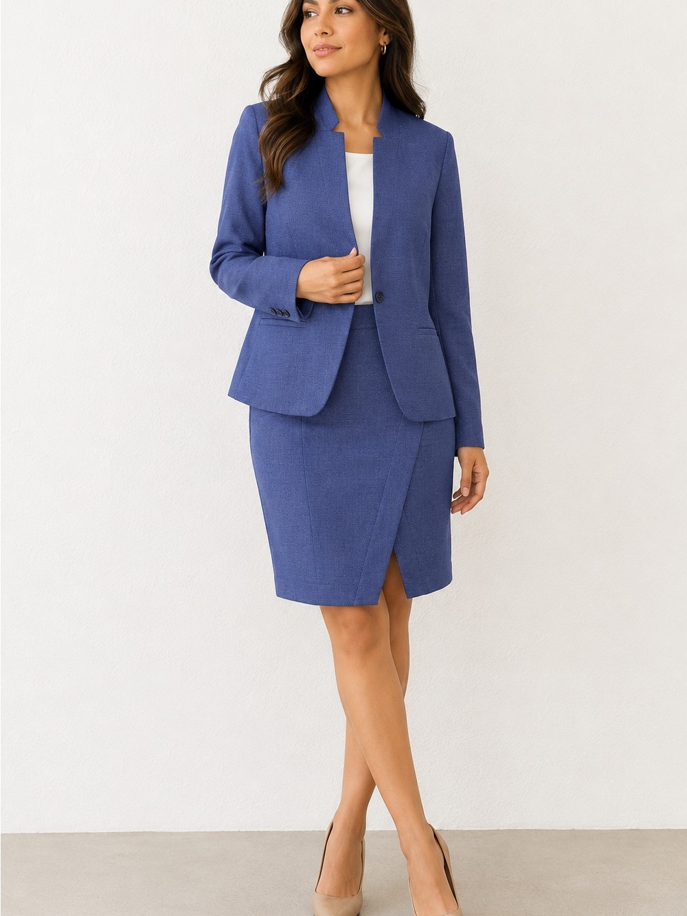 LOFT Blue career tweed Two-Piece Skirt Suit 8P